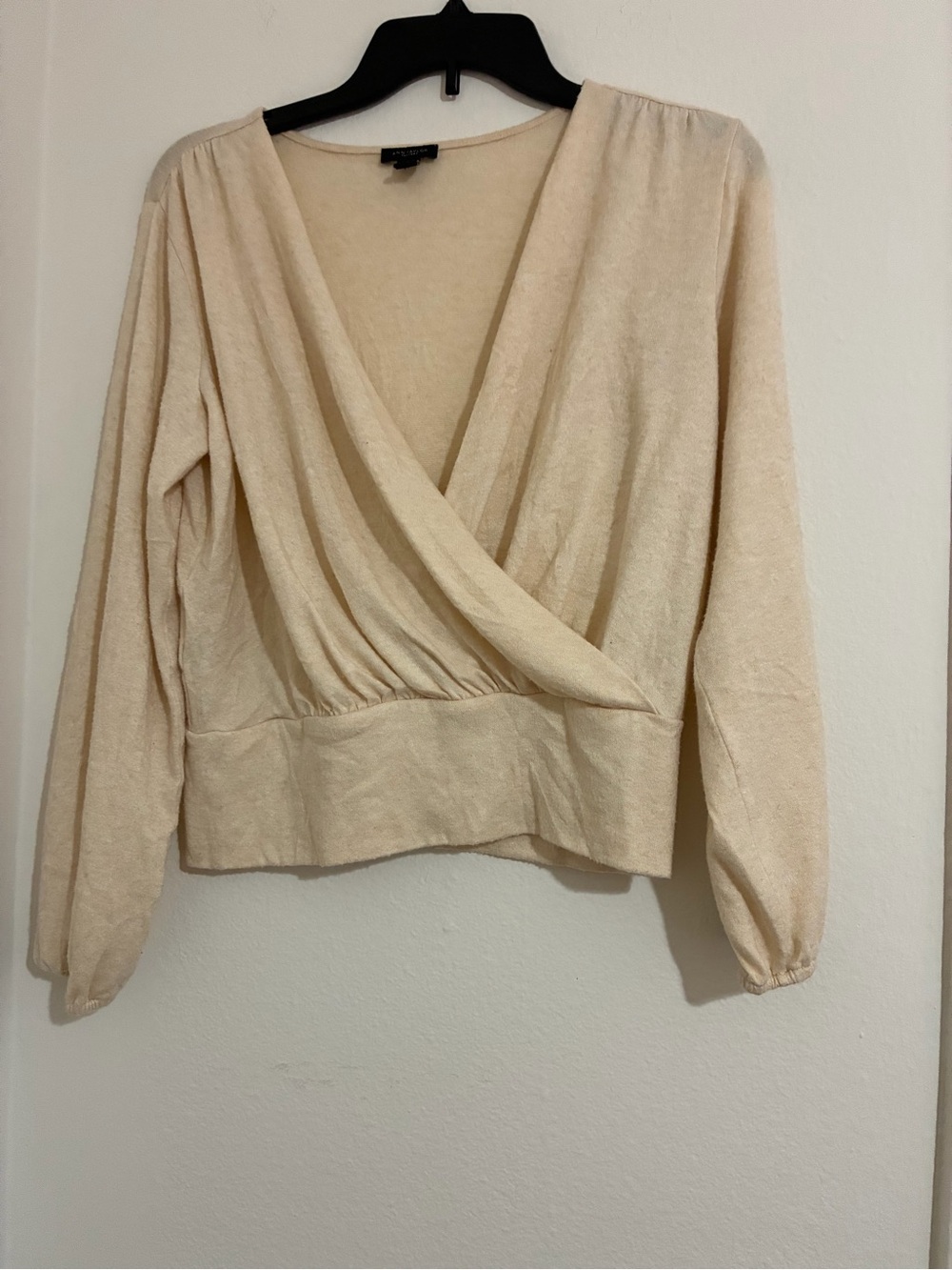 Ann Taylor Factory Cream Wrap V-Neck Long Sleeve Blouse